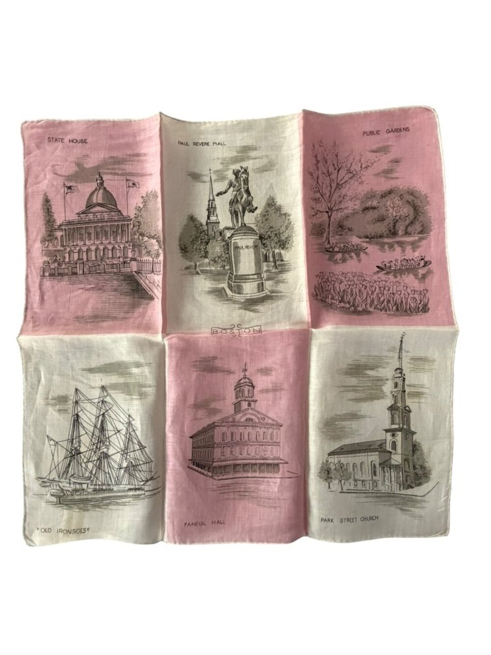 Vintage Boston Massachusetts Souvenir Handkerchief Pink White Scenic Landmarks 1